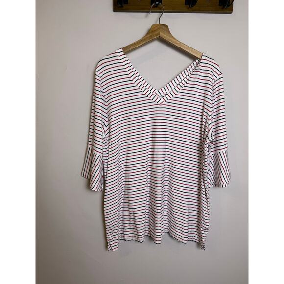 J Jill Womens Top Size XL White Red Striped V-Neck 3/4 Bell Sleeve Tee Soft - Picture 1 of 7